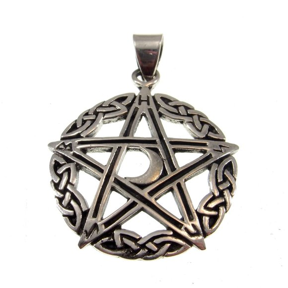 Handcrafted Solid 925 Sterling Silver Celtic Pentagram Crescent Moon Pendant - Picture 1 of 5